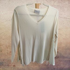 Lolita Cream V-Neck Fringe Detail Long Sleeve Top